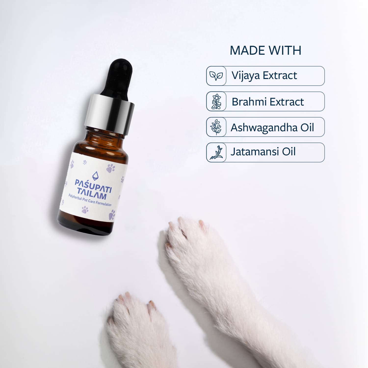 Image of Pasupati Tailam, a polyherbal formulation for dogs with the ingredients mentioned alongwith image of dog paws at the bottom